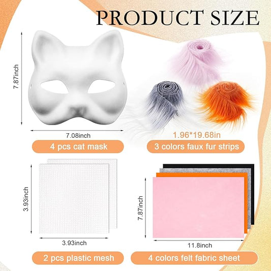 Seenelling DIY Therian Mask Kit Blank Cat Mask with Felt Fabric Sheet Plush Faux Fur Eye Mesh for Therian Gear Stuff