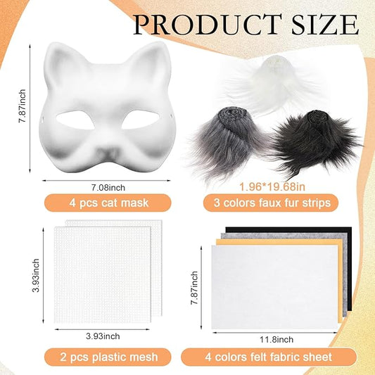 Seenelling DIY Therian Mask Kit Blank Cat Mask with Felt Fabric Sheet Plush Faux Fur Eye Mesh for Therian Gear Stuff