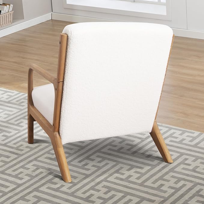 INZOY Mid Century Modern Accent Chair with Lamb Wool Fabric, Upholstered Living Room Chairs with Waist Cushion, Reading Armchair for Bedroom Sunroom, White