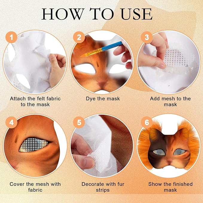 Seenelling DIY Therian Mask Kit Blank Cat Mask with Felt Fabric Sheet Plush Faux Fur Eye Mesh for Therian Gear Stuff