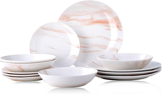 Bestone 12 Pieces Round Kitchen Dinnerware Sets,Plates and Bowls sets,Dishes, Plates, Bowls, Dish Set，Plates and Bowls,Service for 4, Orange and White Marble