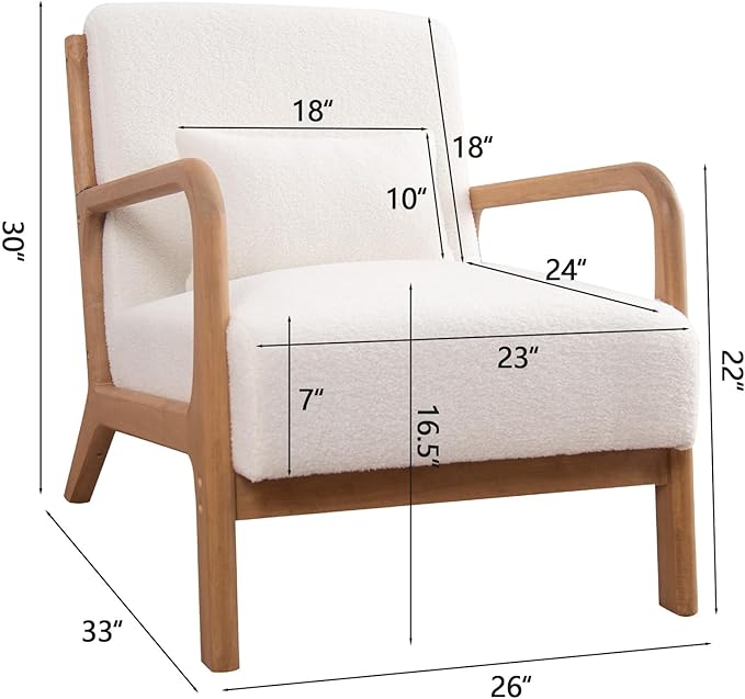 INZOY Mid Century Modern Accent Chair with Lamb Wool Fabric, Upholstered Living Room Chairs with Waist Cushion, Reading Armchair for Bedroom Sunroom, White