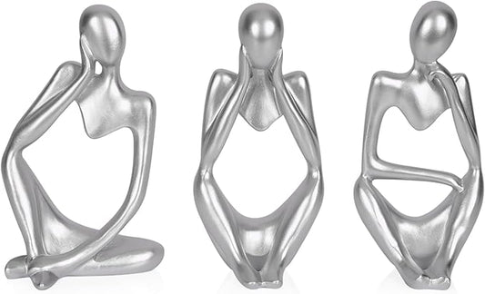 Ozzptuu Sandstone Resin Thinker Style Abstract Sculpture Statue Collectible Figurines Home Office Bookshelf Desktop Decor (Small Silver, 3pcs)