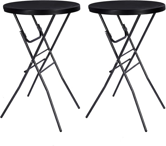 Cocktail Table 28in Folding Round High Top Indoor Outdoor with Removable Legs, Tall Bistro Foldable Bar Height Table for Parties, Patio, Backyard, Dining Room, Events, Black- 2PCS