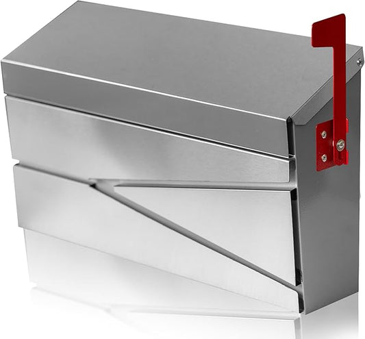 Wall Mount Mailbox, Large Capacity Mailbox for House, with Flag Kit, Galvanized Steel Rust-Proof Metal Post Drop Box, Mailboxes for Outside, 15.74"×9.84"×4.33", Silver Modern Sleek Style