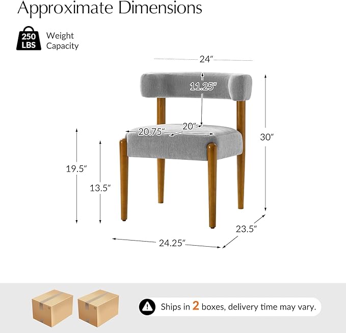 HULALA HOME Dining Chairs Set of 4, Gray Chenille Upholstered Kitchen Dining Room Chairs with Wood Legs, Curved Backrest Mid-Century Modern Vanity Accent Side Chairs for Living Room Bedroom, Fog