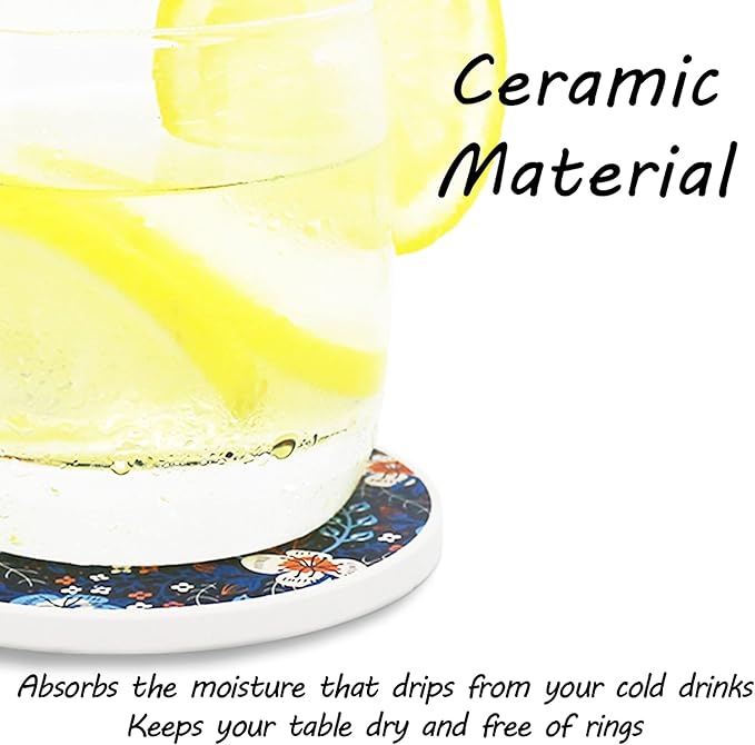 AD Set of 6 Coasters for Drinks Absorbing Round Ceramic Stone Coaster with Cork Base,Tabletop Protection Mat for Mugs and Cups,Office,Kitchen (Dark Garden with Holder)