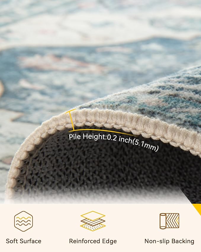 RELEANY Area Rugs Square 10ft Washable Non-Slip, Floral Vintage Distress Print Pattern Medallion Carpet for Living Room Bedroom Dining Room, Dark Blue Vintage