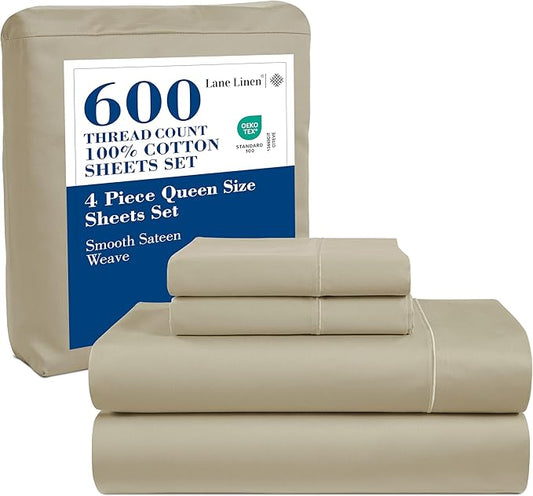 LANE LINEN Queen Size Bedding Set – 100% Cotton Queen Size Bed Set with 600 Thread Count, Soft & Cooling Fabric, Value Bedding for Daily Use, Hotel Sateen Finish, 15" Deep Pocket – Linen