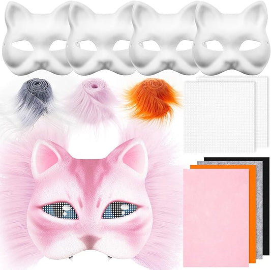 Seenelling DIY Therian Mask Kit Blank Cat Mask with Felt Fabric Sheet Plush Faux Fur Eye Mesh for Therian Gear Stuff