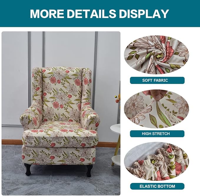 KRFOONN Wingback Chair Covers Slipcovers 2 Piece Stretch Wing Chair Covers Spandex Slipcovers Wingback Sofa Covers Armchair Covers Non-Slip Furniture Protector, 14