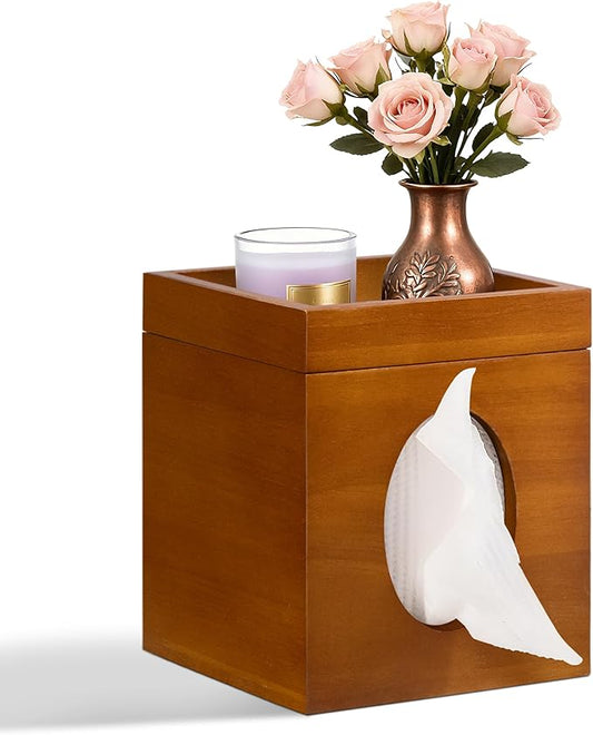 Acacia Wood Tissue Box Cover Square with Storage Tray, Tissue Box Holder, Decorative Cube Wall-Mounted Tissue Holder for Desktops, Nightstands, Bathrooms, and Offices, Modern Home Decor