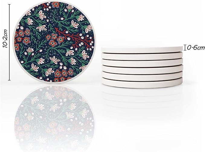 AD Set of 6 Coasters for Drinks Absorbing Round Ceramic Stone Coaster with Cork Base,Tabletop Protection Mat for Mugs and Cups,Office,Kitchen (Dark Garden with Holder)