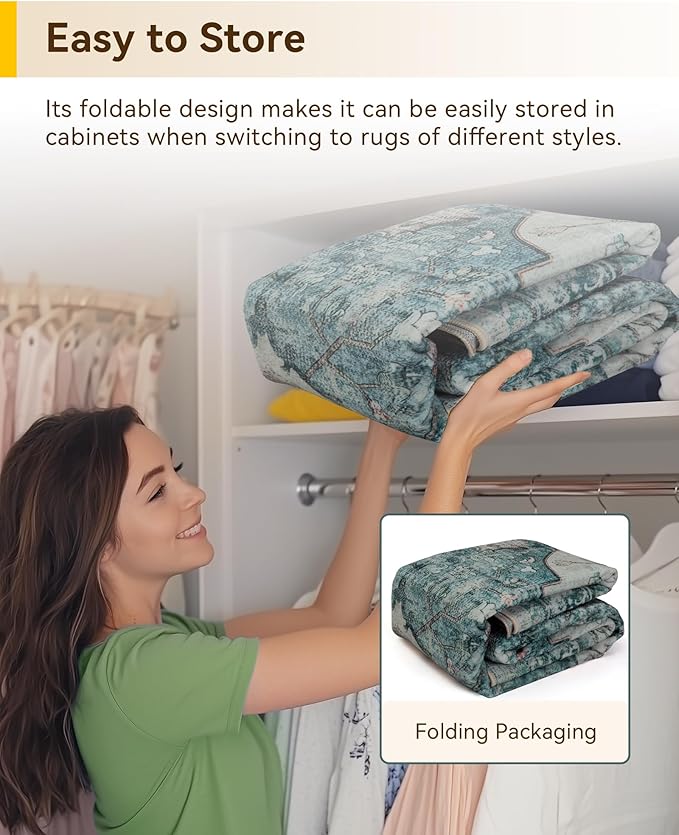 RELEANY Area Rugs Square 10ft Washable Non-Slip, Floral Vintage Distress Print Pattern Medallion Carpet for Living Room Bedroom Dining Room, Dark Blue Vintage