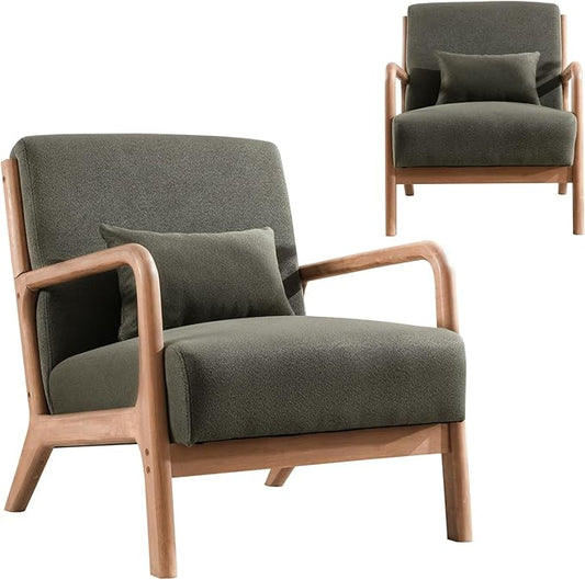 INZOY Mid-Century Modern Accent Chair Set of 2, Green Reading Armchair with Waist Cushion, Upholstered Living Room Chairs for Bedroom Sunroom