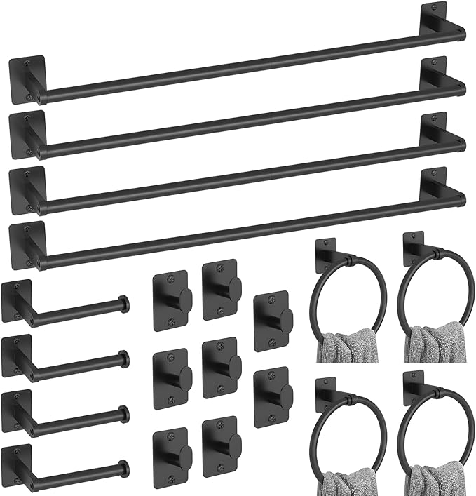 20 Pieces Bathroom Hardware Set, Black Bathroom Accessories Set, 24 inch Towel Bar, Towel Racks for Bathroom, Robe Towel Hooks, Toilet Paper Holder Wall Mounted