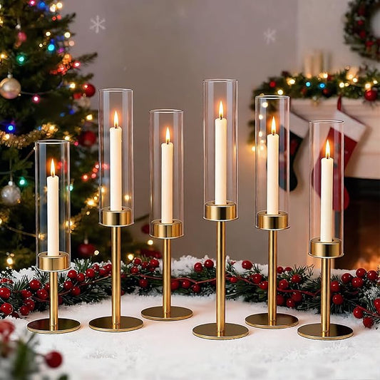 Gold Candlestick Holders Set of 6 – Tall Candle Sticks Holder Decor – Vintage Centerpiece Table Decorations – Dining Room Candle Holder Decor, Wedding Decorations – Home Decor Aesthetic Gift