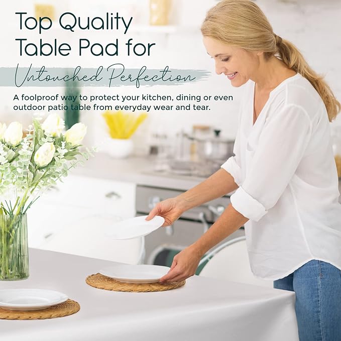 Premium Table Pad Protector Superior Protection from Spills, Scratches & Heat- Reusable Vinyl Table Cloth with Cushion Flannel Backing (52" Round)