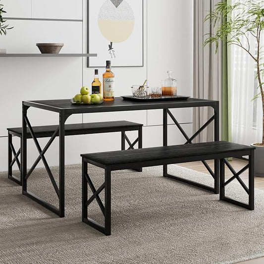 VECELO Kitchen Dining Table Benches Set for 4/6, 55" Wooden Dinette with 2 Benches, Large Embedded Desktop for Small Space, Breakfast Nook, Black