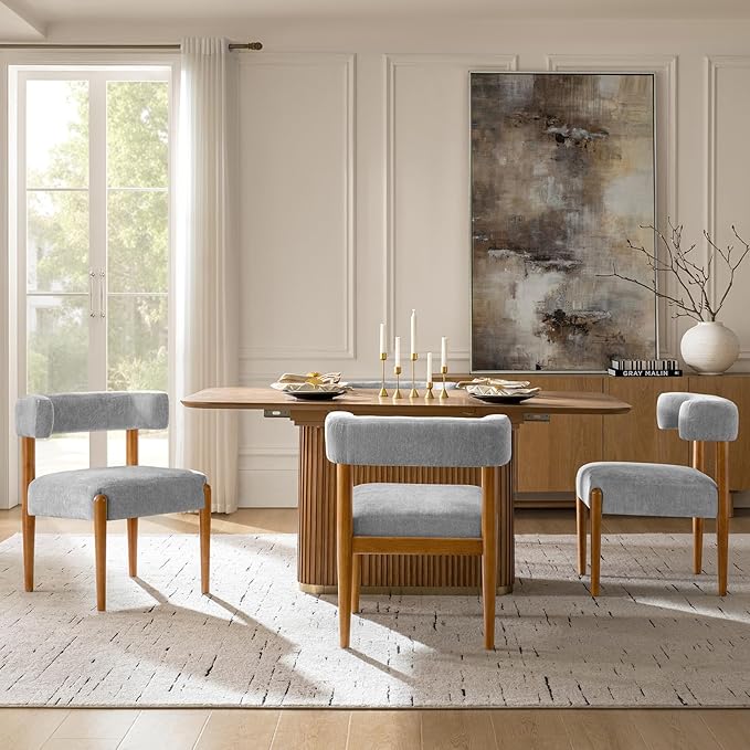 HULALA HOME Dining Chairs Set of 4, Gray Chenille Upholstered Kitchen Dining Room Chairs with Wood Legs, Curved Backrest Mid-Century Modern Vanity Accent Side Chairs for Living Room Bedroom, Fog