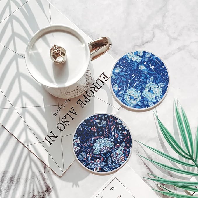 AD Set of 6 Coasters for Drinks Absorbing Round Ceramic Stone Coaster with Cork Base,Tabletop Protection Mat for Mugs and Cups,Office,Kitchen (Dark Garden with Holder)