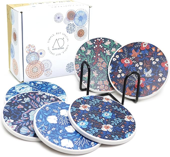 AD Set of 6 Coasters for Drinks Absorbing Round Ceramic Stone Coaster with Cork Base,Tabletop Protection Mat for Mugs and Cups,Office,Kitchen (Dark Garden with Holder)