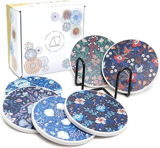 AD Set of 6 Coasters for Drinks Absorbing Round Ceramic Stone Coaster with Cork Base,Tabletop Protection Mat for Mugs and Cups,Office,Kitchen (Dark Garden with Holder)