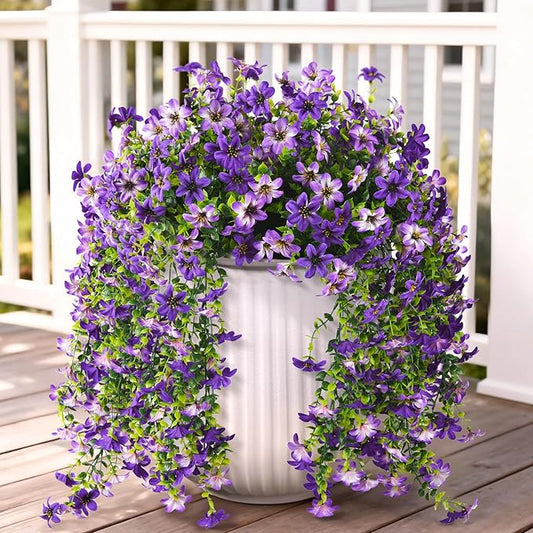 Artificial Hanging Flowers for Outdoors, 2 Pcs Fake Hanging Flowers Spring Summer Decor, UV Resistant Faux Artificial Outdoor Plants for Planter Front Door Porch Patio Garden Yard(Gradient Purple)