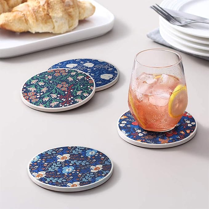 AD Set of 6 Coasters for Drinks Absorbing Round Ceramic Stone Coaster with Cork Base,Tabletop Protection Mat for Mugs and Cups,Office,Kitchen (Dark Garden with Holder)