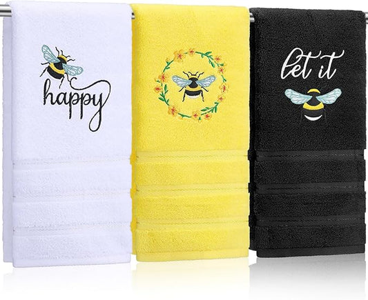 Tingjoo Bee Hand Towels Farmhouse Summer Yellow Bathroom Decor 14x29 Inch Embroidered Cute Bee Towels Cute Cotton Soft Absorbent for Bathroom Kitchen