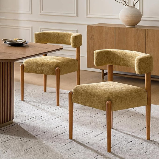 HULALA HOME Dining Chairs Set of 2, Chenille Upholstered Kitchen Dining Room Chairs with Wood Legs, Curved Backrest Mid-Century Modern Vanity Accent Side Chairs for Living Room Bedroom, Ocher
