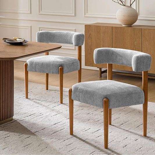 HULALA HOME Dining Chairs Set of 2, Gray Chenille Upholstered Kitchen Dining Room Chairs with Wood Legs, Curved Backrest Mid-Century Modern Vanity Accent Side Chairs for Living Room Bedroom, Fog