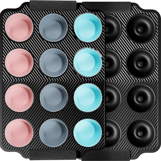 Kikcoin 2 PCS Stackable Baking Pans Set, Non-stick Bakeware Sets with Silicone Handles, 450°F Oven Safe Muffin & Donut Pan for Baking, Easy Release Heavy-duty Baking Sheets Non Stick, Black