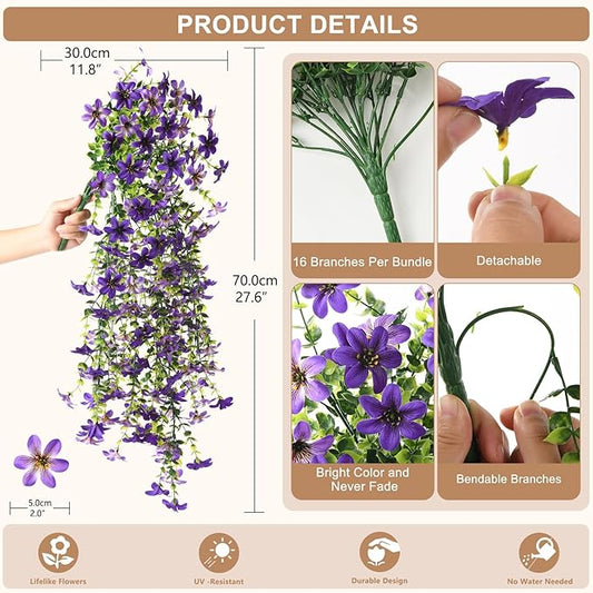 Artificial Hanging Flowers for Outdoors, 2 Pcs Fake Hanging Flowers Spring Summer Decor, UV Resistant Faux Artificial Outdoor Plants for Planter Front Door Porch Patio Garden Yard(Gradient Purple)