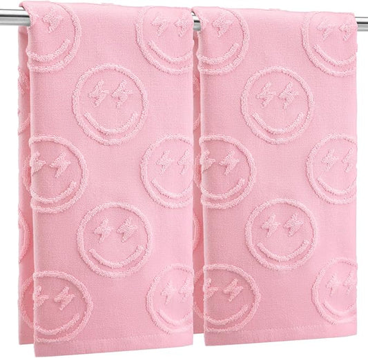 FuWeave 2 Pcs Smiling Face Hand Towels for Bathroom Pink Preppy Hand Towels 100% Cotton Absorbent Decorative Jacquard Weave Bath Decor Cute Bathroom Decor Gift, 13. 7 x 29. 5 Inch