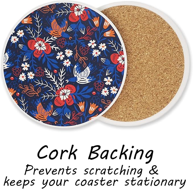 AD Set of 6 Coasters for Drinks Absorbing Round Ceramic Stone Coaster with Cork Base,Tabletop Protection Mat for Mugs and Cups,Office,Kitchen (Dark Garden with Holder)