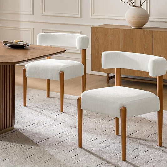 HULALA HOME Dining Chairs Set of 2, White Chenille Upholstered Kitchen Dining Room Chairs with Wood Legs, Curved Backrest Mid-Century Modern Vanity Accent Side Chairs for Living Room Bedroom, Ivory