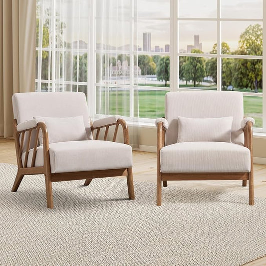 INZOY Accent Chairs Set of 2, Mid Century Modern Accent Chair with Wood Frame, Upholstered Reading Armchair with Corduroy Fabric, Accent Chair for Living Room Bedroom Apartment, Easy Assembly, Beige