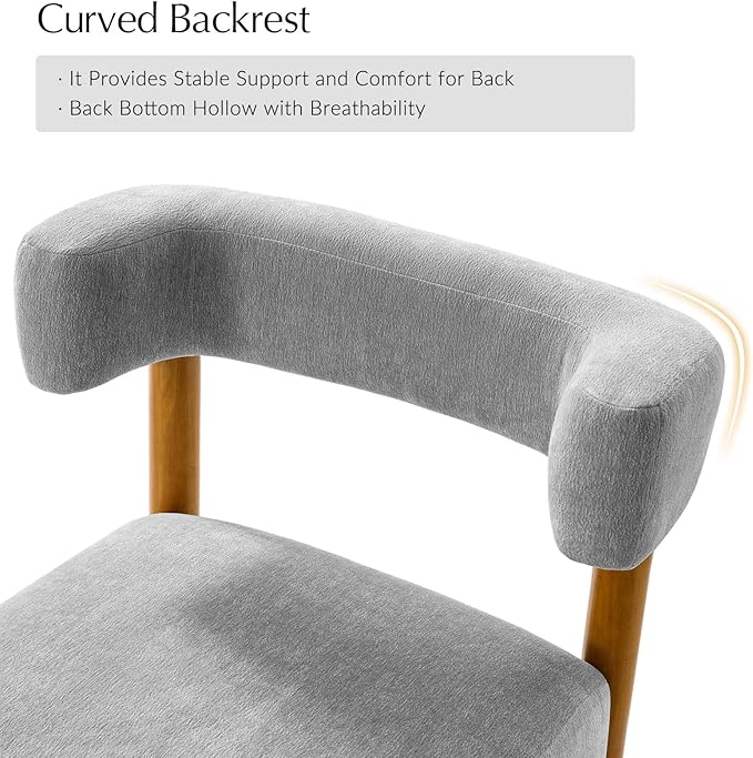 HULALA HOME Dining Chairs Set of 4, Gray Chenille Upholstered Kitchen Dining Room Chairs with Wood Legs, Curved Backrest Mid-Century Modern Vanity Accent Side Chairs for Living Room Bedroom, Fog