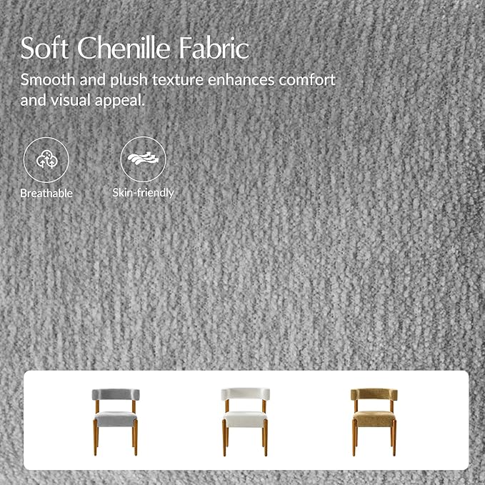 HULALA HOME Dining Chairs Set of 4, Gray Chenille Upholstered Kitchen Dining Room Chairs with Wood Legs, Curved Backrest Mid-Century Modern Vanity Accent Side Chairs for Living Room Bedroom, Fog