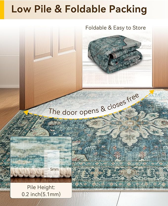 RELEANY Area Rugs Square 10ft Washable Non-Slip, Floral Vintage Distress Print Pattern Medallion Carpet for Living Room Bedroom Dining Room, Dark Blue Vintage