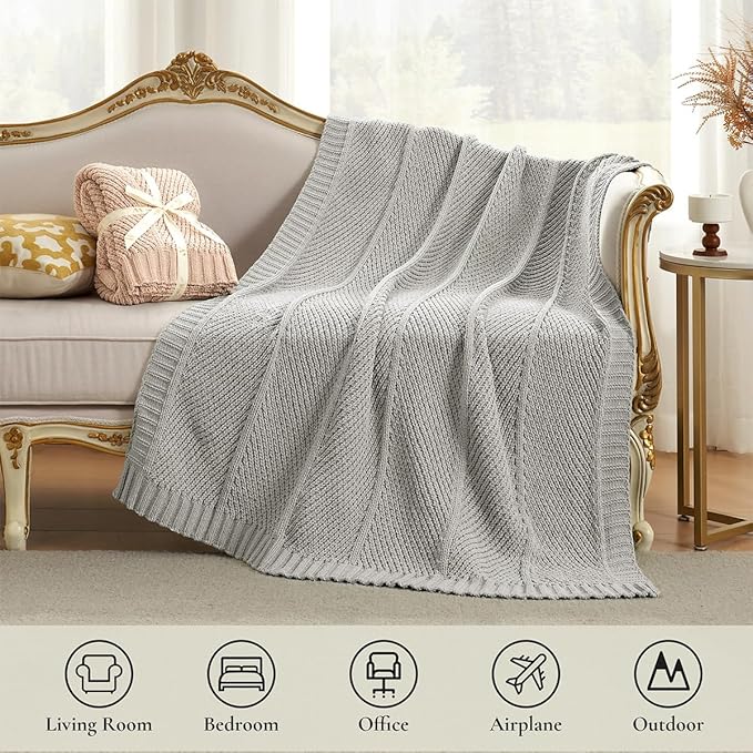 Amélie Home Chevron Chenille Knit Throw Blanket for Couch, Cozy Texture Decorative Soft Blanket for Sofa & Chair, 50"x60", Light Grey