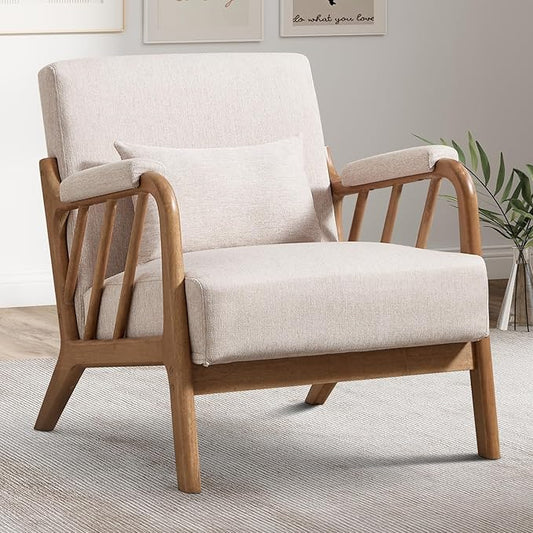 INZOY Mid Century Modern Accent Chair with Wood Frame, Upholstered Reading Armchair with Soft Linen Fabric, Accent Chair for Living Room Bedroom Apartment, Easy Assembly, Beige