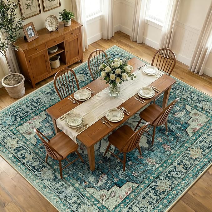 RELEANY Area Rugs Square 10ft Washable Non-Slip, Floral Vintage Distress Print Pattern Medallion Carpet for Living Room Bedroom Dining Room, Dark Blue Vintage