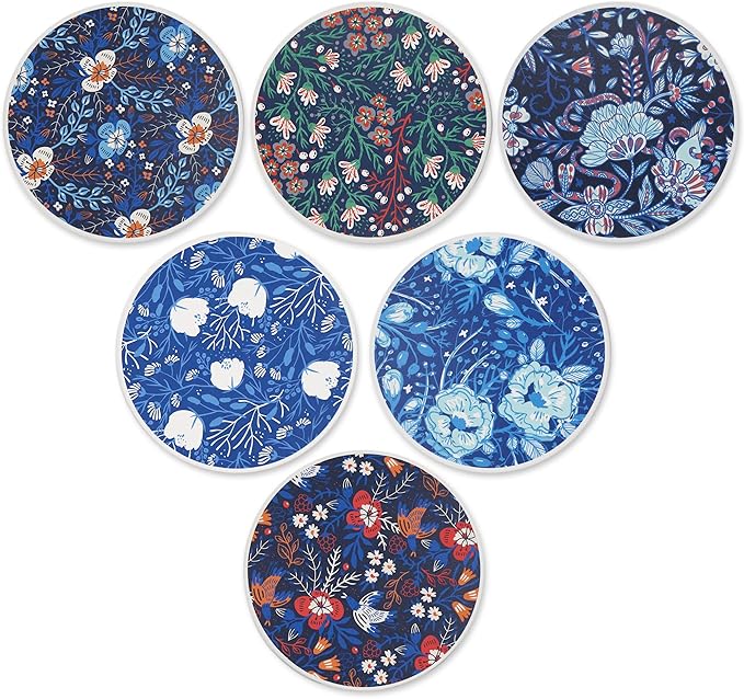 AD Set of 6 Coasters for Drinks Absorbing Round Ceramic Stone Coaster with Cork Base,Tabletop Protection Mat for Mugs and Cups,Office,Kitchen (Dark Garden with Holder)