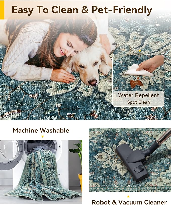 RELEANY Area Rugs Square 10ft Washable Non-Slip, Floral Vintage Distress Print Pattern Medallion Carpet for Living Room Bedroom Dining Room, Dark Blue Vintage